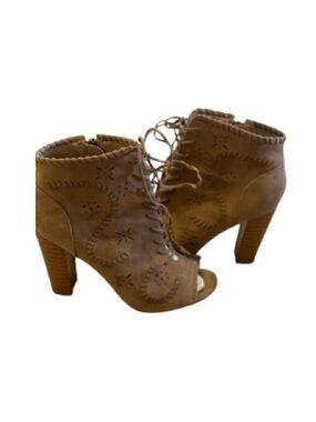 JustFab EUC Taupe Lace-Up Peep-Toe Heeled Booties